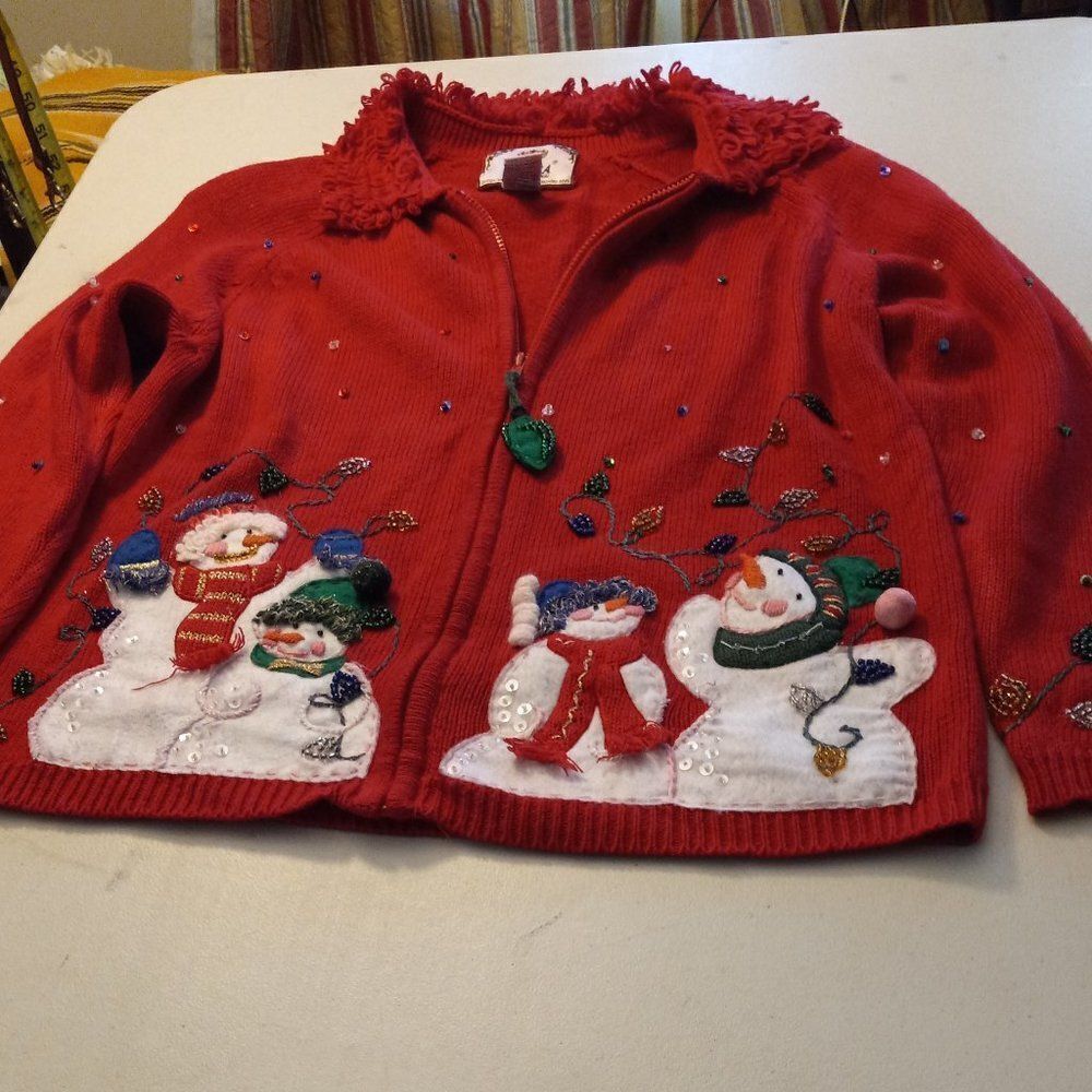 Tiara Women's M Red Festive Snowman Long Sleeve Sweater Granny Chic Cottagecore